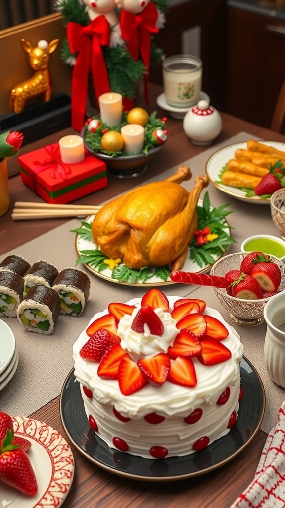 A festive Japanese Christmas dinner with roasted chicken, sushi rolls, and strawberry shortcake on a decorated table.